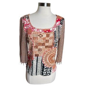 BILA Y2K Beaded Patchwork Top Petite Large Sheer 3/4 Sleeve Square Neck